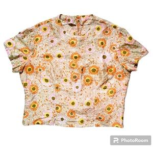 Vintage 60s Vera Neumann Floral Blouse Orange Brown Yellow Mod Medium Silk